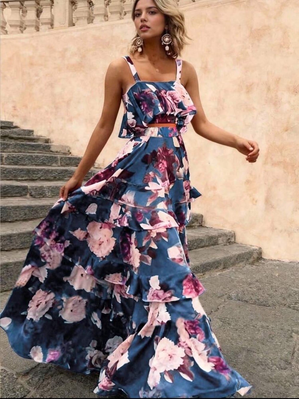 Floral Tiered Maxi Skirt in Navy Blue - Women's Skirt Maxi - Picture 2 of 6